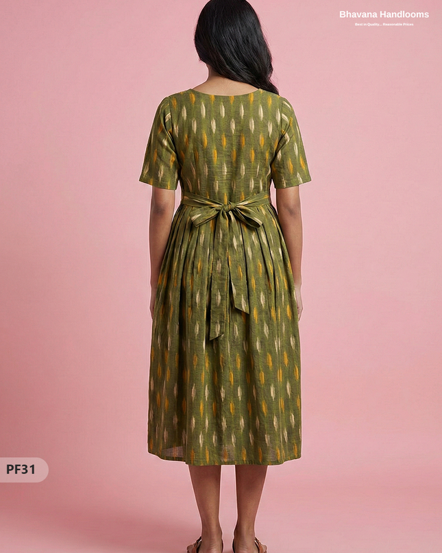 Handcrafted Pochampally Mehndi Green Cotton Frock with Knot Detailing – Ethnic Wear for Women
