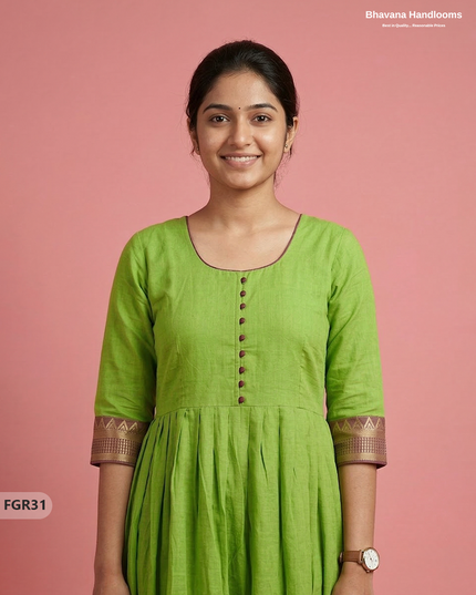 Summer Special Premium Cotton Handloom Frock with Woven Design | Parrot Green Colour