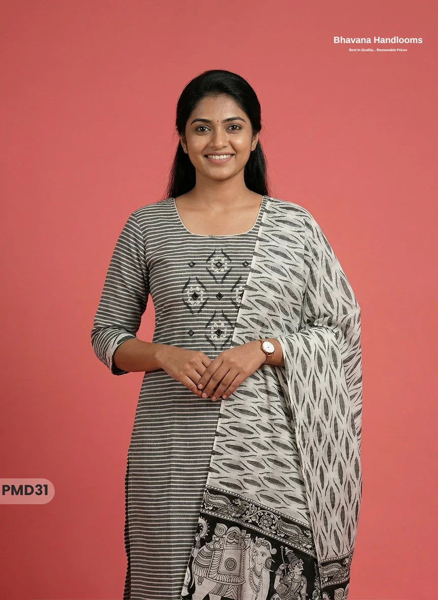 Premium Cotton 3PC Kurti Set with Embroidery & Mirror Work in Black & Gray Colour | Ready-to-Wear Ethnic Wear