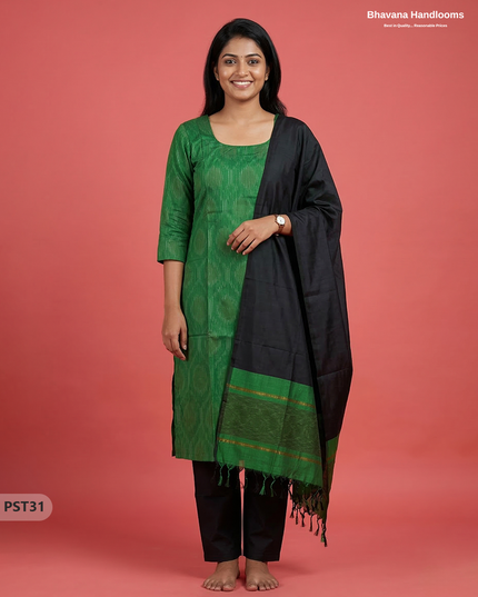 Pochampally Semi Pattu 3PC Kurti Set in Green Colour | Ready-to-Wear Ethnic Wear