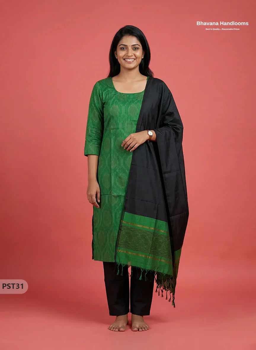 Pochampally Semi Pattu 3PC Kurti Set in Green Colour | Ready-to-Wear Ethnic Wear