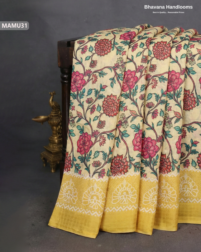 Soft Mul Cotton Yellow Digital Print Saree | Lightweight & Comfortable