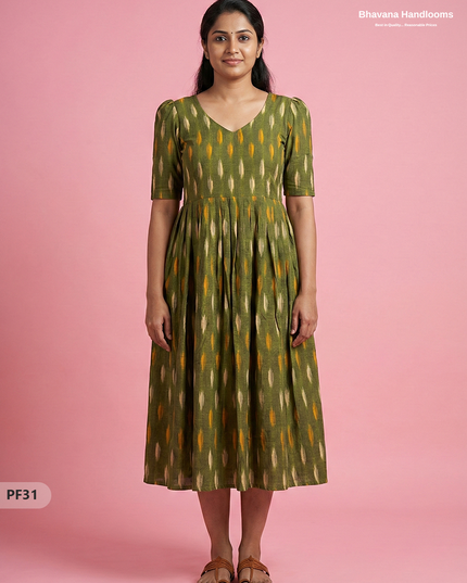 Handcrafted Pochampally Mehndi Green Cotton Frock with Knot Detailing – Ethnic Wear for Women