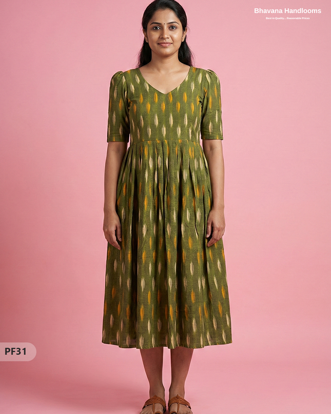 Handcrafted Pochampally Mehndi Green Cotton Frock with Knot Detailing – Ethnic Wear for Women