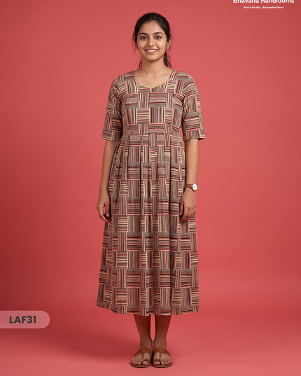 Feeding Frock with Kalamkari Design – Multi Beige Color | Invisible Zips | Half Lining Maternity Wear