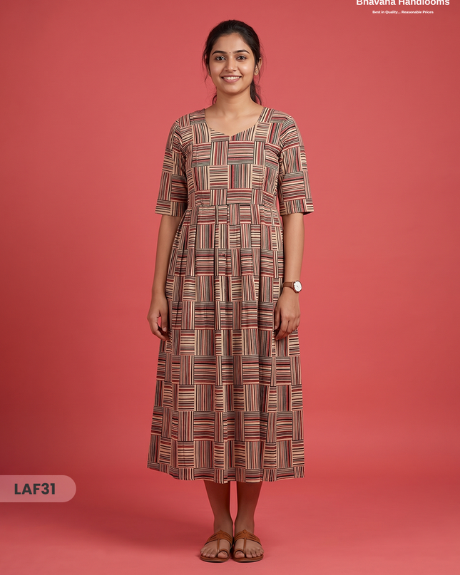 Feeding Frock with Kalamkari Design – Multi Beige Color | Invisible Zips | Half Lining Maternity Wear