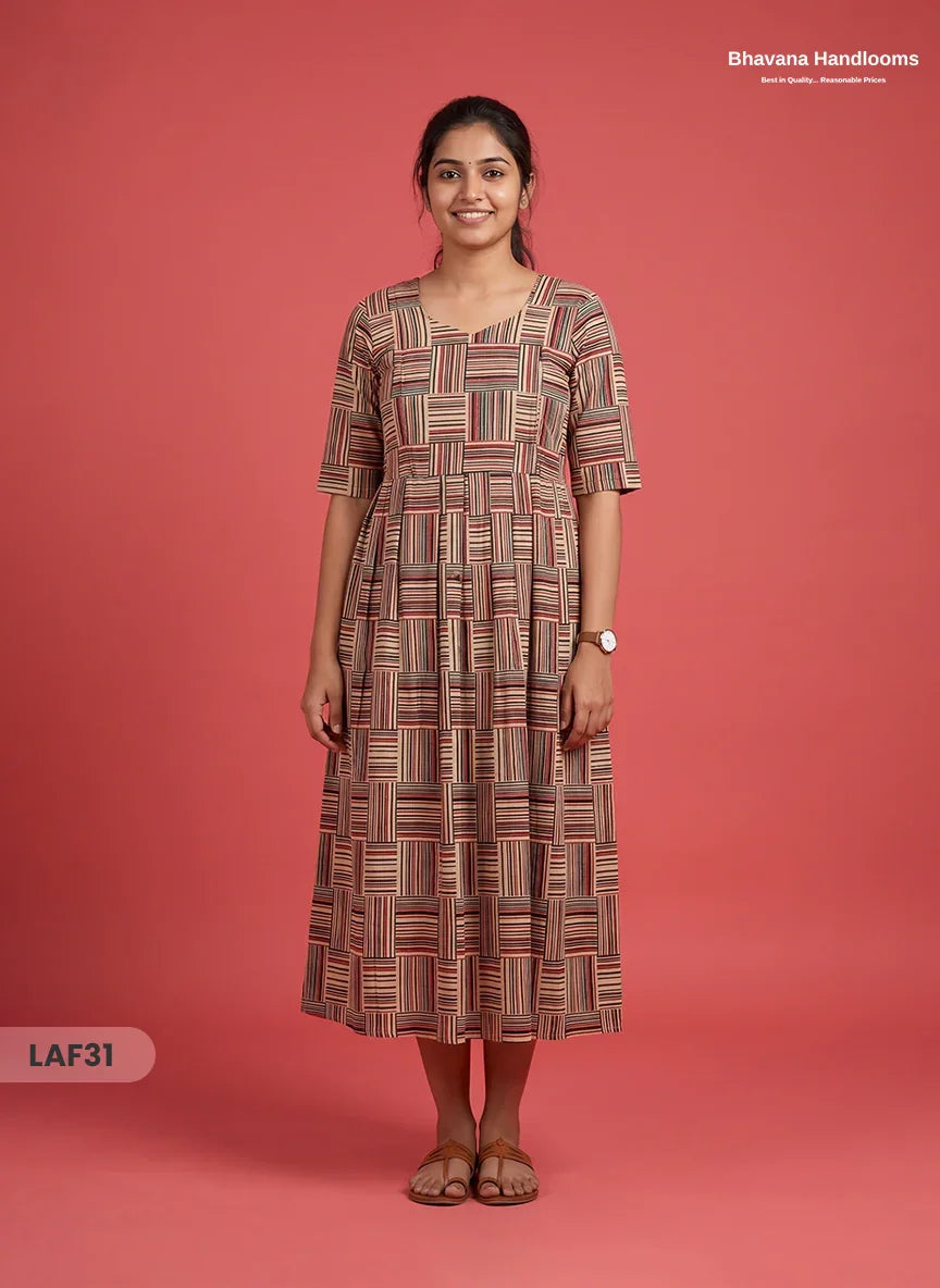 Feeding Frock with Kalamkari Design – Multi Beige Color | Invisible Zips | Half Lining Maternity Wear