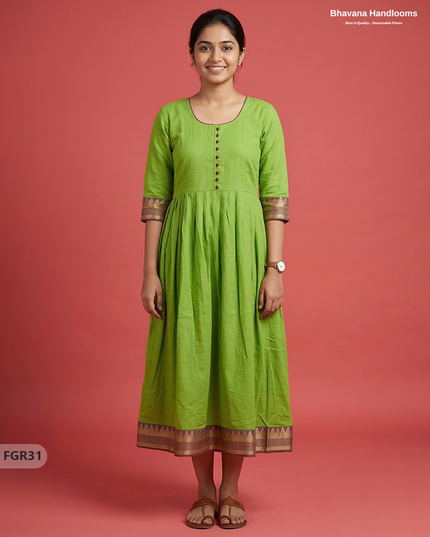 Summer Special Premium Cotton Handloom Frock with Woven Design | Parrot Green Colour