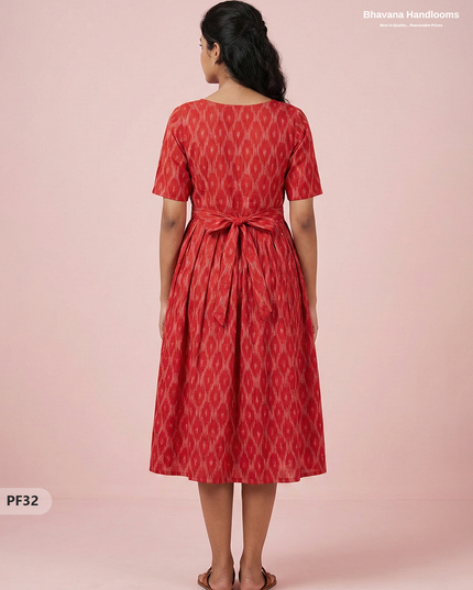 Handcrafted Pochampally Red Cotton Frock with Knot Detailing – Ethnic Wear for Women