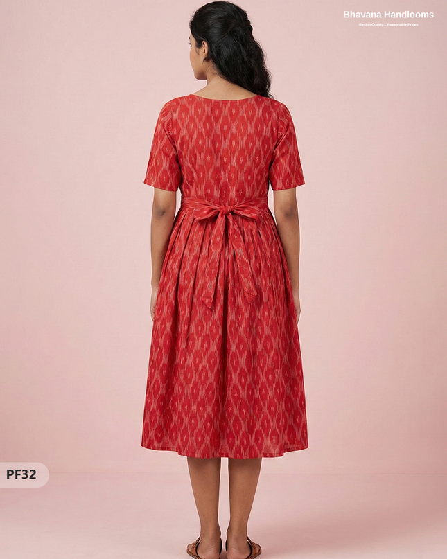 Handcrafted Pochampally Red Cotton Frock with Knot Detailing – Ethnic Wear for Women