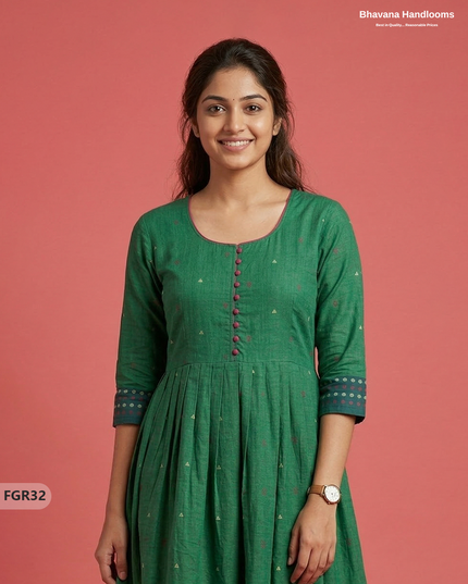 Summer Special Premium Cotton Handloom Frock with Woven Design | Drak Green Colour