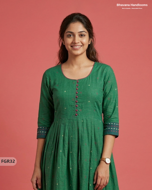 Summer Special Premium Cotton Handloom Frock with Woven Design | Drak Green Colour