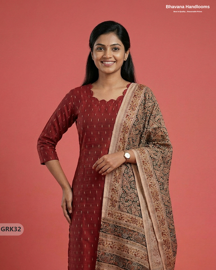 Raw Silk 3PC Kurti Set with Kalamkari Dupatta & Elastic Bottom in Maroon Colour | Ethnic Wear