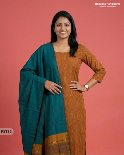 Pochampally Semi Pattu 3PC Kurti Set in Musted Yellow Colour | Ready-to-Wear Ethnic Wear