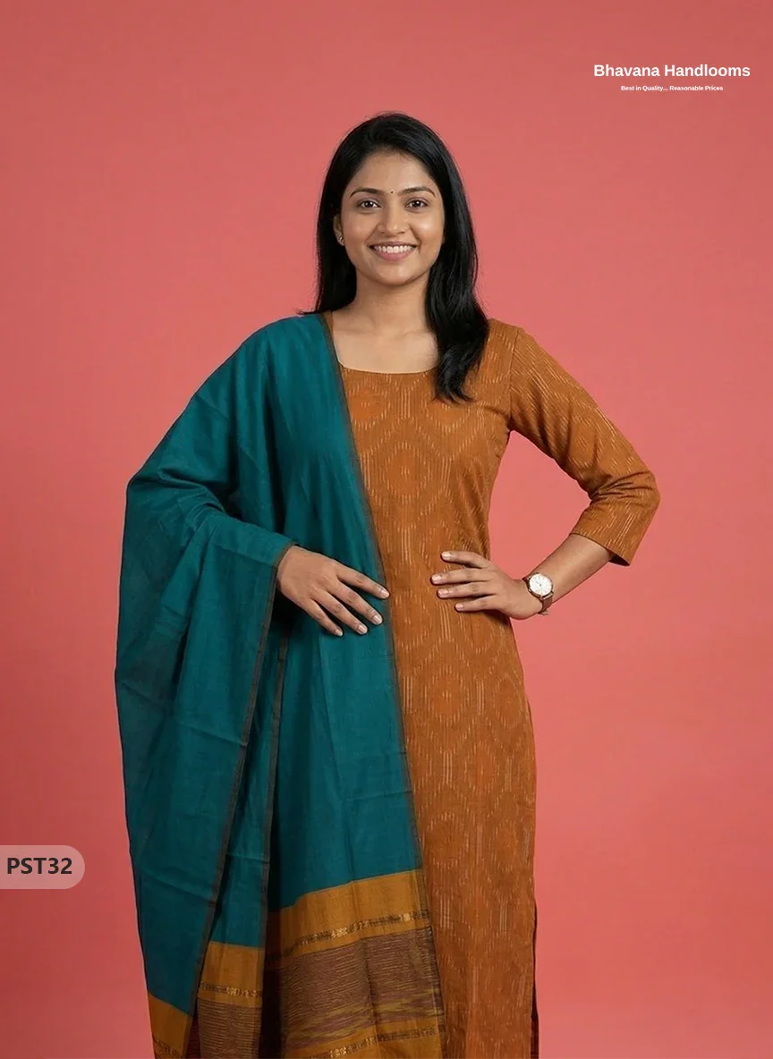 Pochampally Semi Pattu 3PC Kurti Set in Musted Yellow Colour | Ready-to-Wear Ethnic Wear