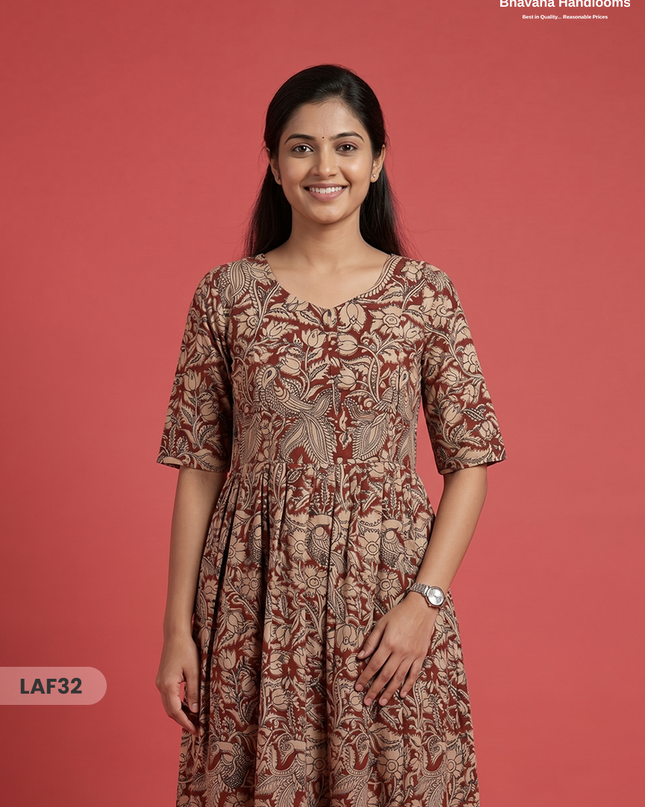 Feeding Frock with Kalamkari Design – Red Color | Invisible Zips | Half Lining Maternity Wear