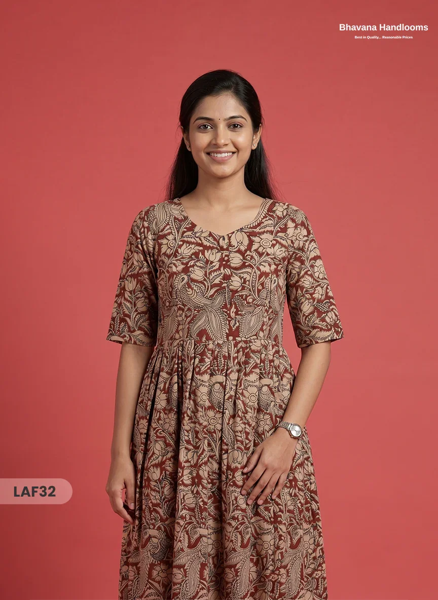 Feeding Frock with Kalamkari Design – Red Color | Invisible Zips | Half Lining Maternity Wear