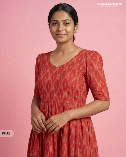 Handcrafted Pochampally Red Cotton Frock with Knot Detailing – Ethnic Wear for Women