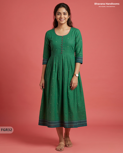 Summer Special Premium Cotton Handloom Frock with Woven Design | Drak Green Colour