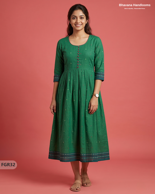 Summer Special Premium Cotton Handloom Frock with Woven Design | Drak Green Colour