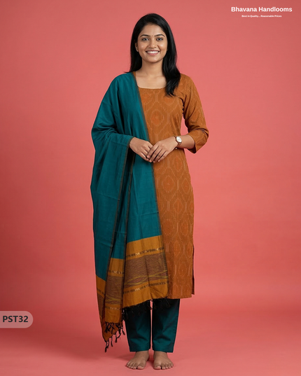 Pochampally Semi Pattu 3PC Kurti Set in Musted Yellow Colour | Ready-to-Wear Ethnic Wear