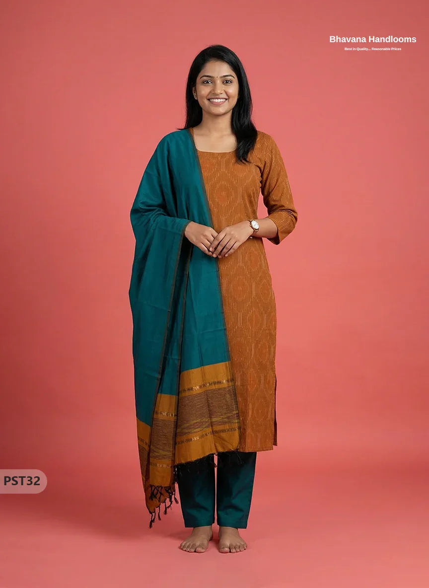 Pochampally Semi Pattu 3PC Kurti Set in Musted Yellow Colour | Ready-to-Wear Ethnic Wear