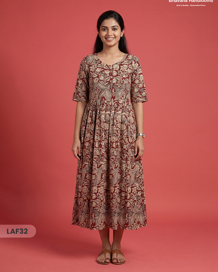 Feeding Frock with Kalamkari Design – Red Color | Invisible Zips | Half Lining Maternity Wear