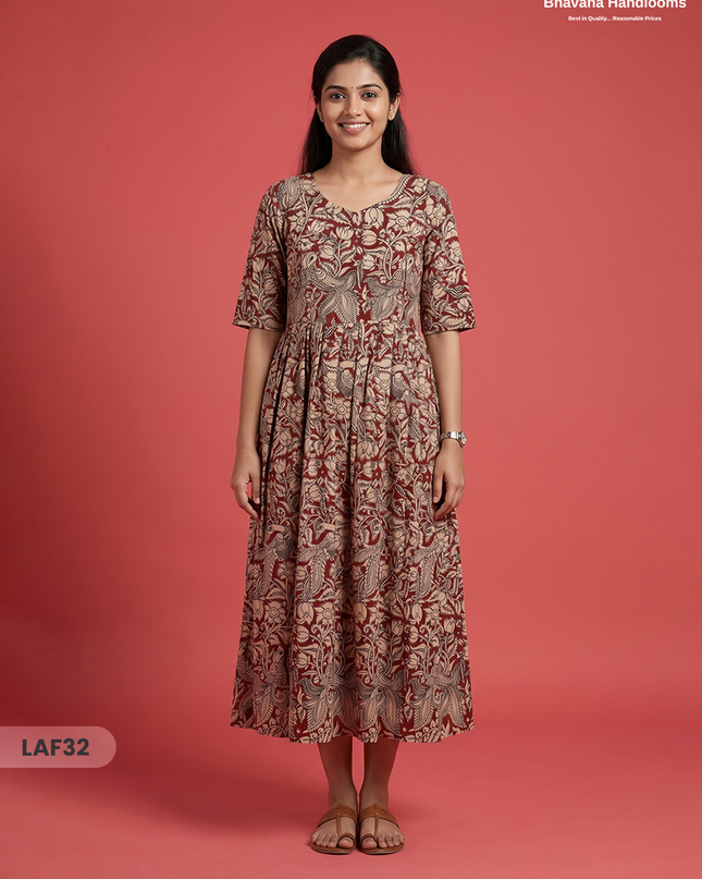 Feeding Frock with Kalamkari Design – Red Color | Invisible Zips | Half Lining Maternity Wear