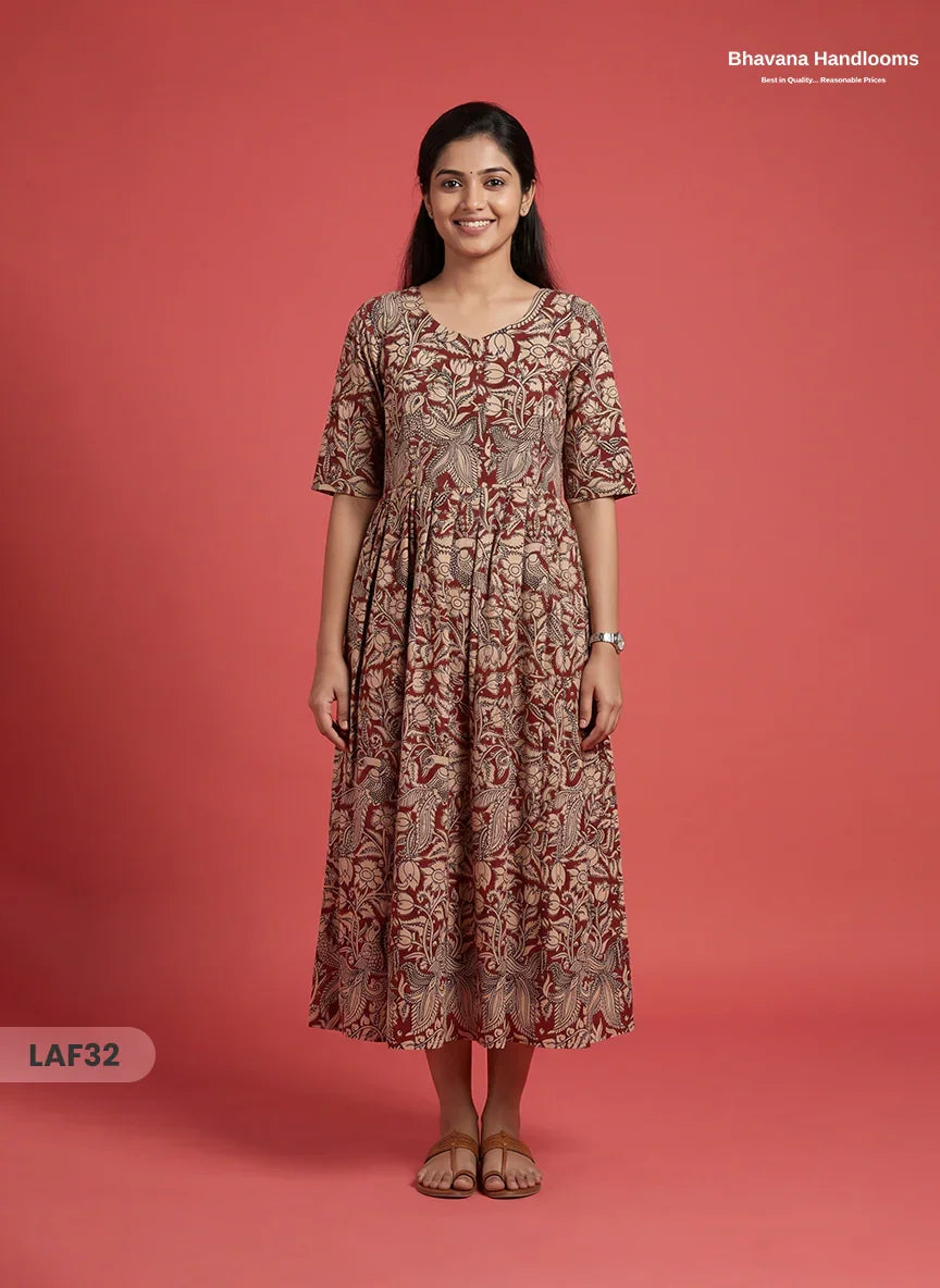 Feeding Frock with Kalamkari Design – Red Color | Invisible Zips | Half Lining Maternity Wear