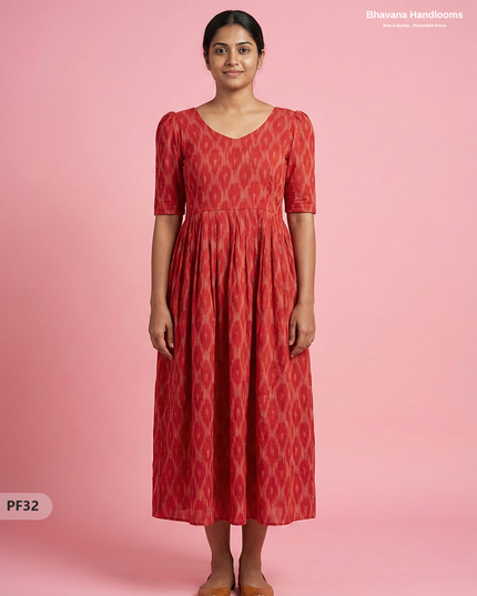 Handcrafted Pochampally Red Cotton Frock with Knot Detailing – Ethnic Wear for Women