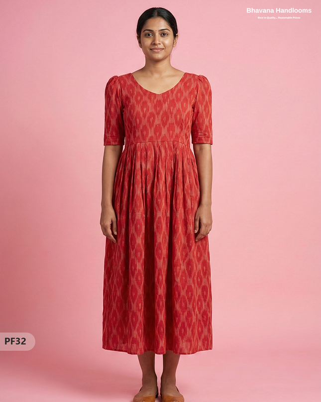 Handcrafted Pochampally Red Cotton Frock with Knot Detailing – Ethnic Wear for Women
