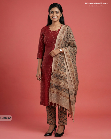 Raw Silk 3PC Kurti Set with Kalamkari Dupatta & Elastic Bottom in Maroon Colour | Ethnic Wear