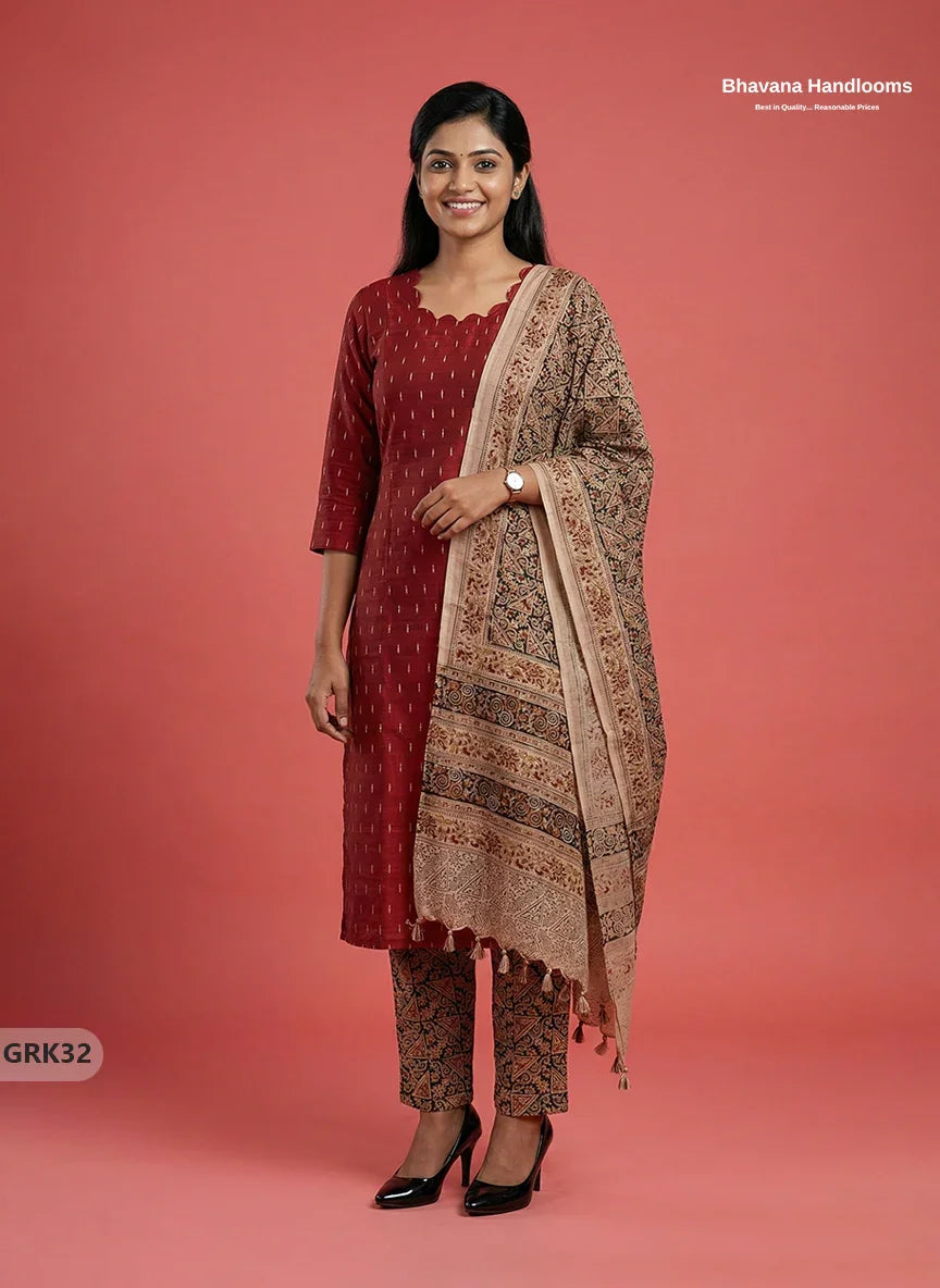 Raw Silk 3PC Kurti Set with Kalamkari Dupatta & Elastic Bottom in Maroon Colour | Ethnic Wear