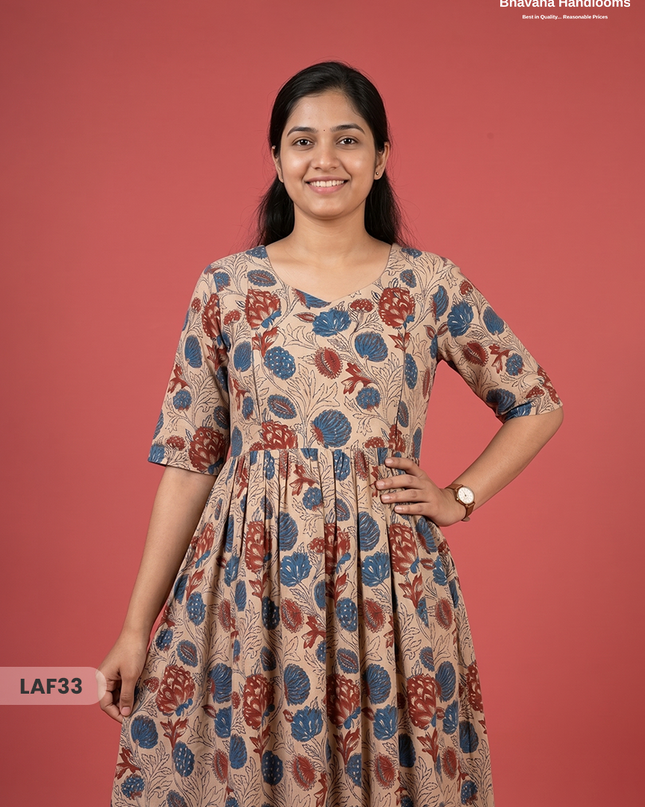 Feeding Frock with Kalamkari Design – Beige Color | Invisible Zips | Half Lining Maternity Wearb