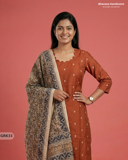 Raw Silk 3PC Kurti Set with Kalamkari Dupatta & Elastic Bottom in Orange Colour | Ethnic Wear