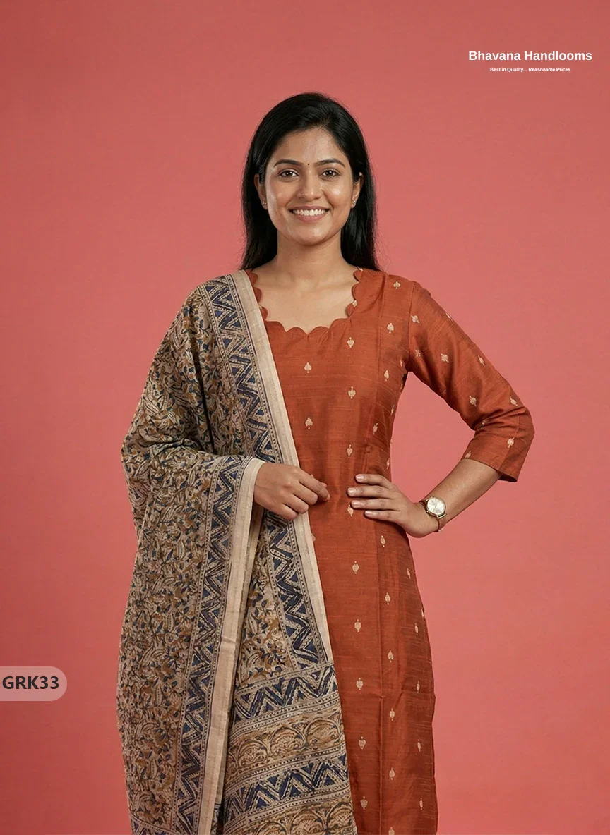 Raw Silk 3PC Kurti Set with Kalamkari Dupatta & Elastic Bottom in Orange Colour | Ethnic Wear