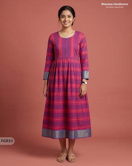 Summer Special Premium Cotton Handloom Frock with Woven Design | Pink Colour