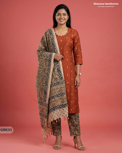 Raw Silk 3PC Kurti Set with Kalamkari Dupatta & Elastic Bottom in Orange Colour | Ethnic Wear