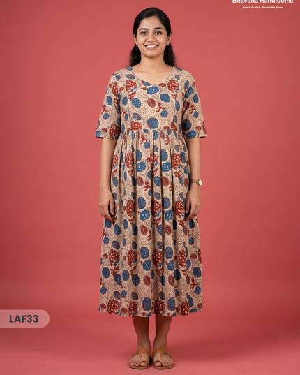 Feeding Frock with Kalamkari Design – Beige Color | Invisible Zips | Half Lining Maternity Wearb