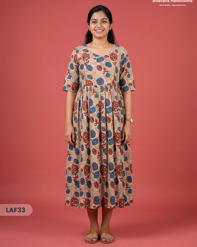 Feeding Frock with Kalamkari Design – Beige Color | Invisible Zips | Half Lining Maternity Wearb