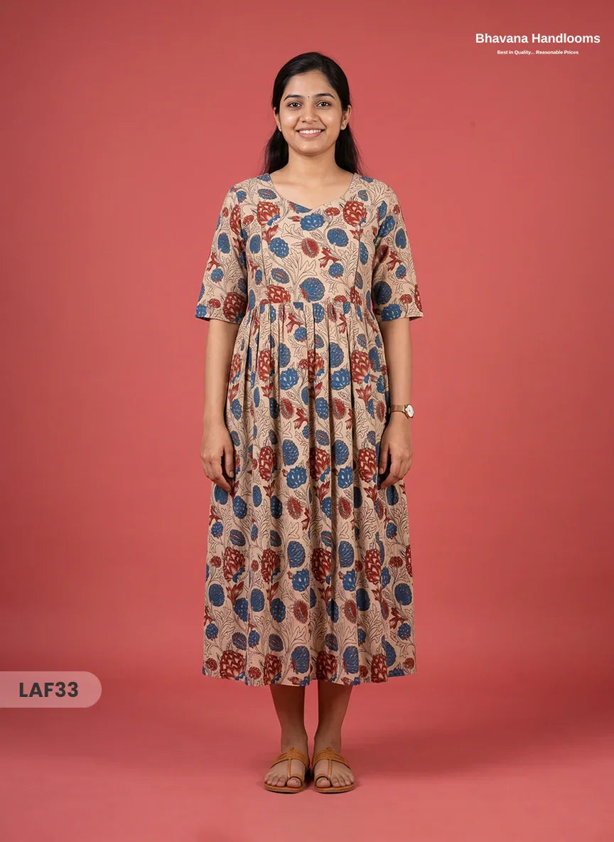 Feeding Frock with Kalamkari Design – Beige Color | Invisible Zips | Half Lining Maternity Wearb