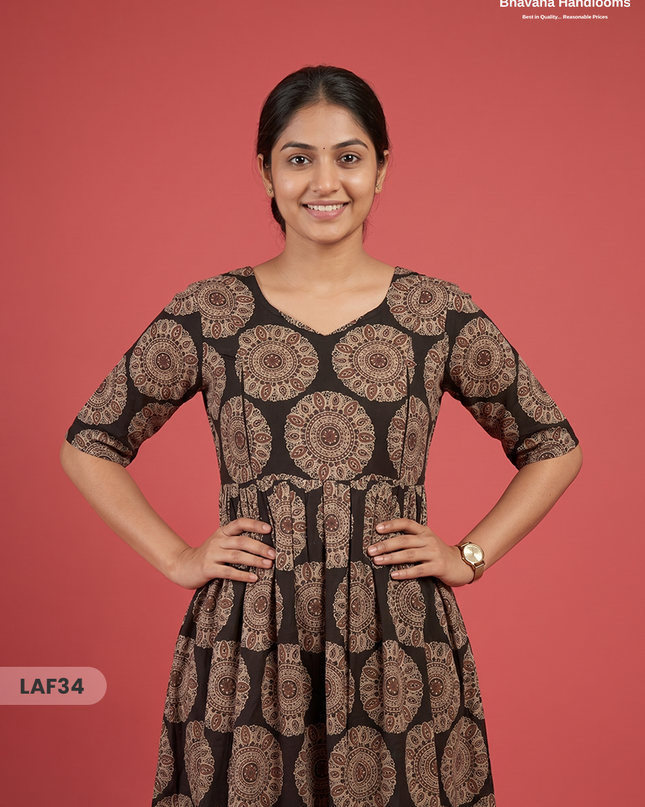 Feeding Frock with Kalamkari Design – Black Color | Invisible Zips | Half Lining Maternity Wear