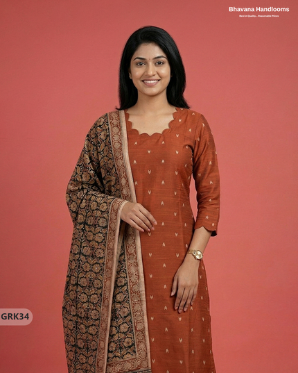 Raw Silk 3PC Kurti Set with Kalamkari Dupatta & Elastic Bottom in Orange Colour | Ethnic Wear