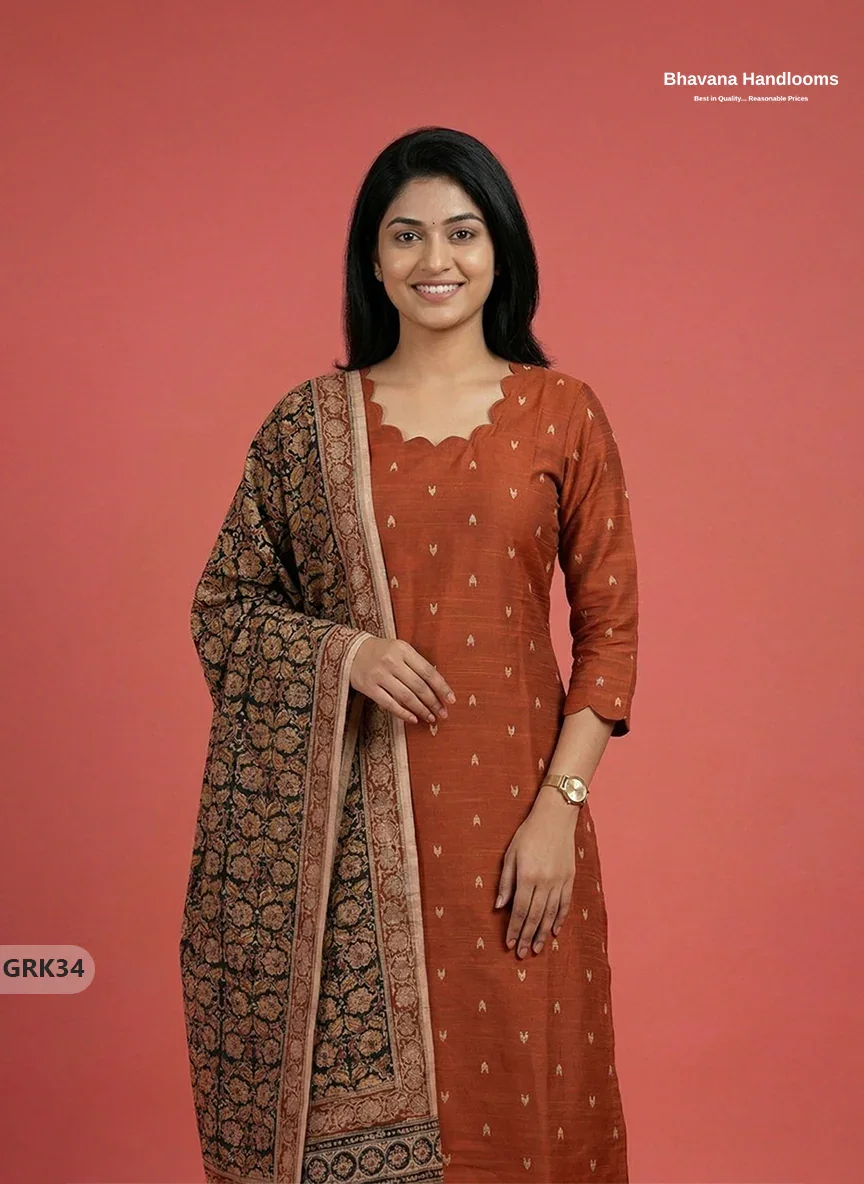 Raw Silk 3PC Kurti Set with Kalamkari Dupatta & Elastic Bottom in Orange Colour | Ethnic Wear