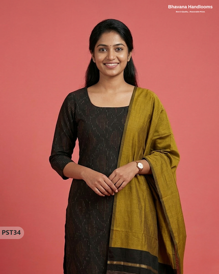 Pochampally Semi Pattu 3PC Kurti Set in Black Colour | Ready-to-Wear Ethnic Wear