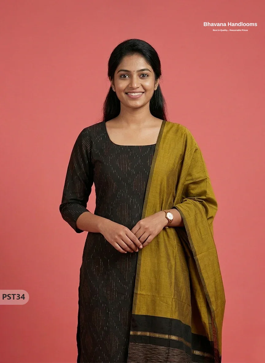 Pochampally Semi Pattu 3PC Kurti Set in Black Colour | Ready-to-Wear Ethnic Wear