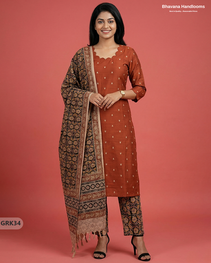 Raw Silk 3PC Kurti Set with Kalamkari Dupatta & Elastic Bottom in Orange Colour | Ethnic Wear