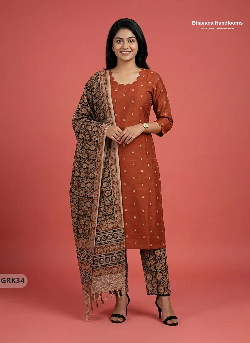 Raw Silk 3PC Kurti Set with Kalamkari Dupatta & Elastic Bottom in Orange Colour | Ethnic Wear