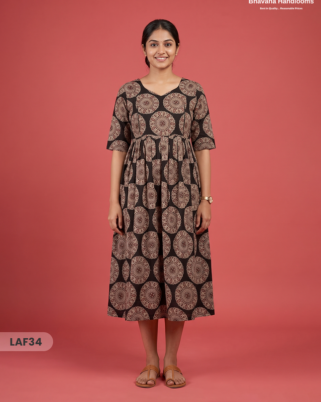 Feeding Frock with Kalamkari Design – Black Color | Invisible Zips | Half Lining Maternity Wear