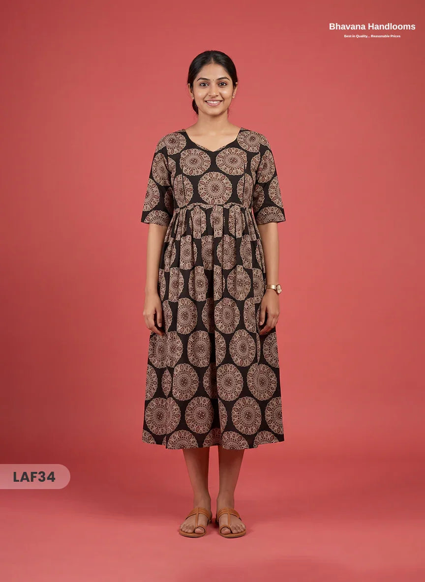 Feeding Frock with Kalamkari Design – Black Color | Invisible Zips | Half Lining Maternity Wear